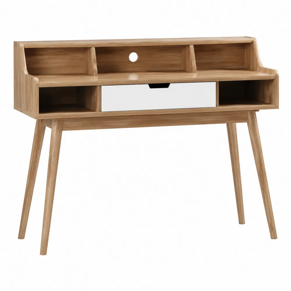 Bureau informatique en MDF décor chêne 120 x 55 x 91 cm avec tiroir et rangements ouverts