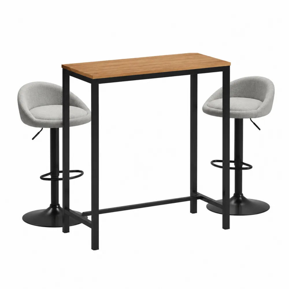 Ensemble de bar 3 pièces table haute 120 x 40 x 100 cm plateau bois et structure acier noir avec 2 tabourets réglables gris