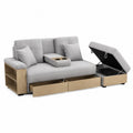 Canapé 2 places avec méridienne coffre et rangement bois clair tissu polyester gris clair 228 x 145 x 88 cm