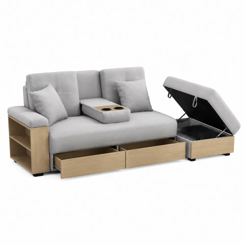 Canapé 2 places avec méridienne coffre et rangement bois clair tissu polyester gris clair 228 x 145 x 88 cm