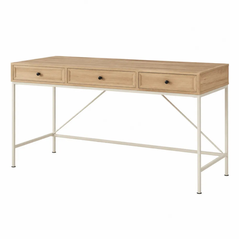 Bureau rectangulaire 120 x 50 x 76 cm MDF décor chêne clair avec 3 tiroirs et structure acier blanc