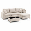 Canapé d’angle modulable en L 5 places avec pouf coffre revêtement polyester beige 260 x 160 x 85 cm