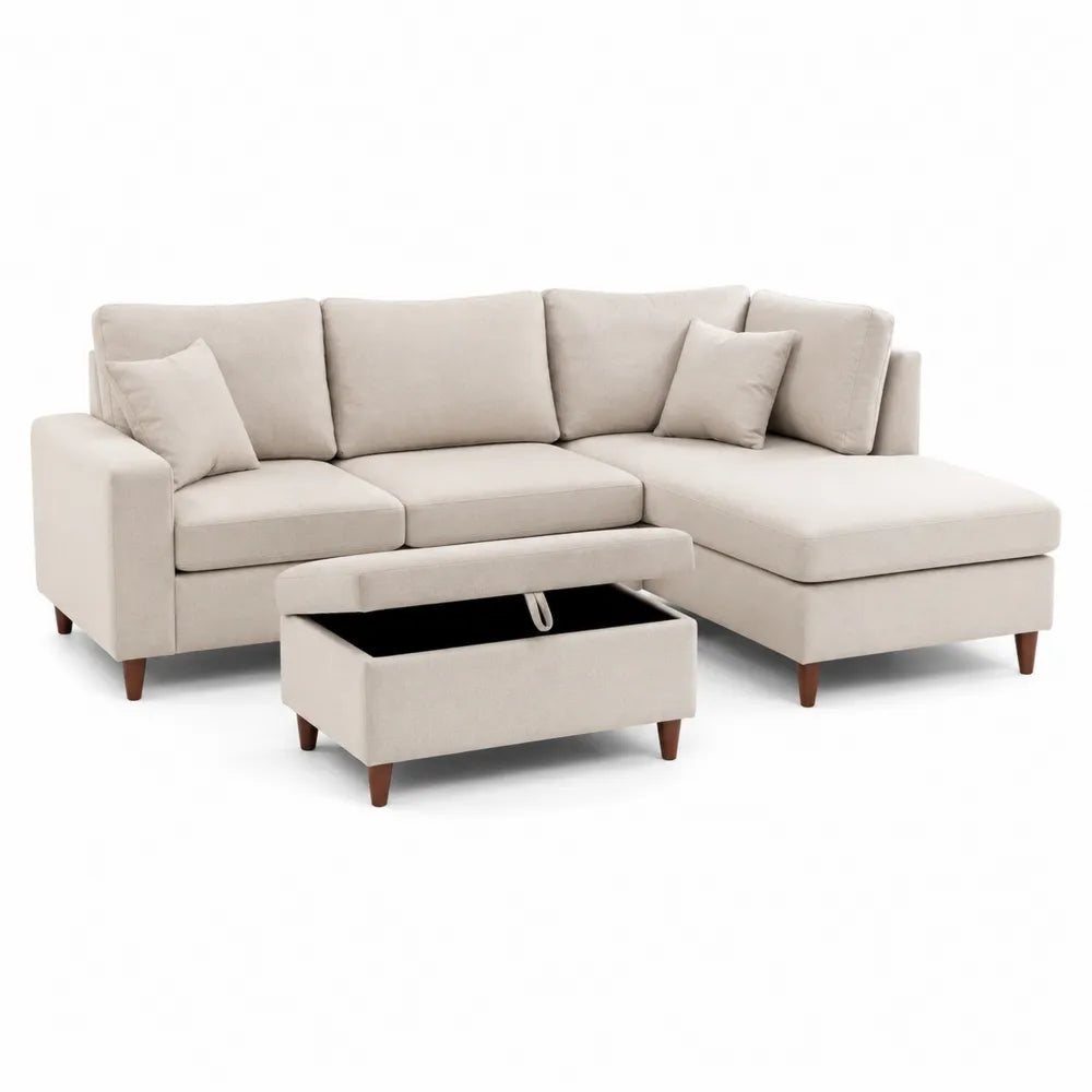 Canapé d’angle modulable en L 5 places avec pouf coffre revêtement polyester beige 260 x 160 x 85 cm