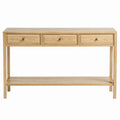 Console de rangement rectangulaire 3 tiroirs pin massif naturel avec tablette basse 120 x 35 x 80 cm finition laiton vieilli