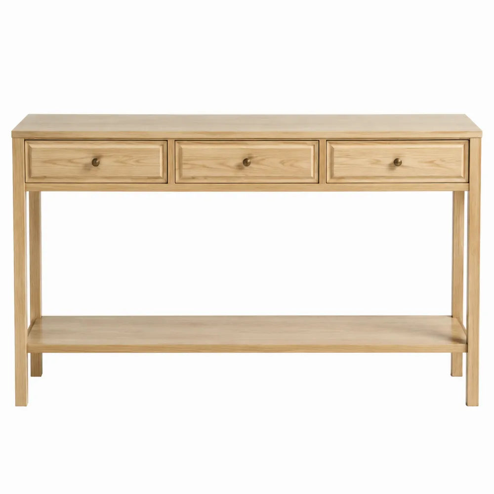 Console de rangement rectangulaire 3 tiroirs pin massif naturel avec tablette basse 120 x 35 x 80 cm finition laiton vieilli