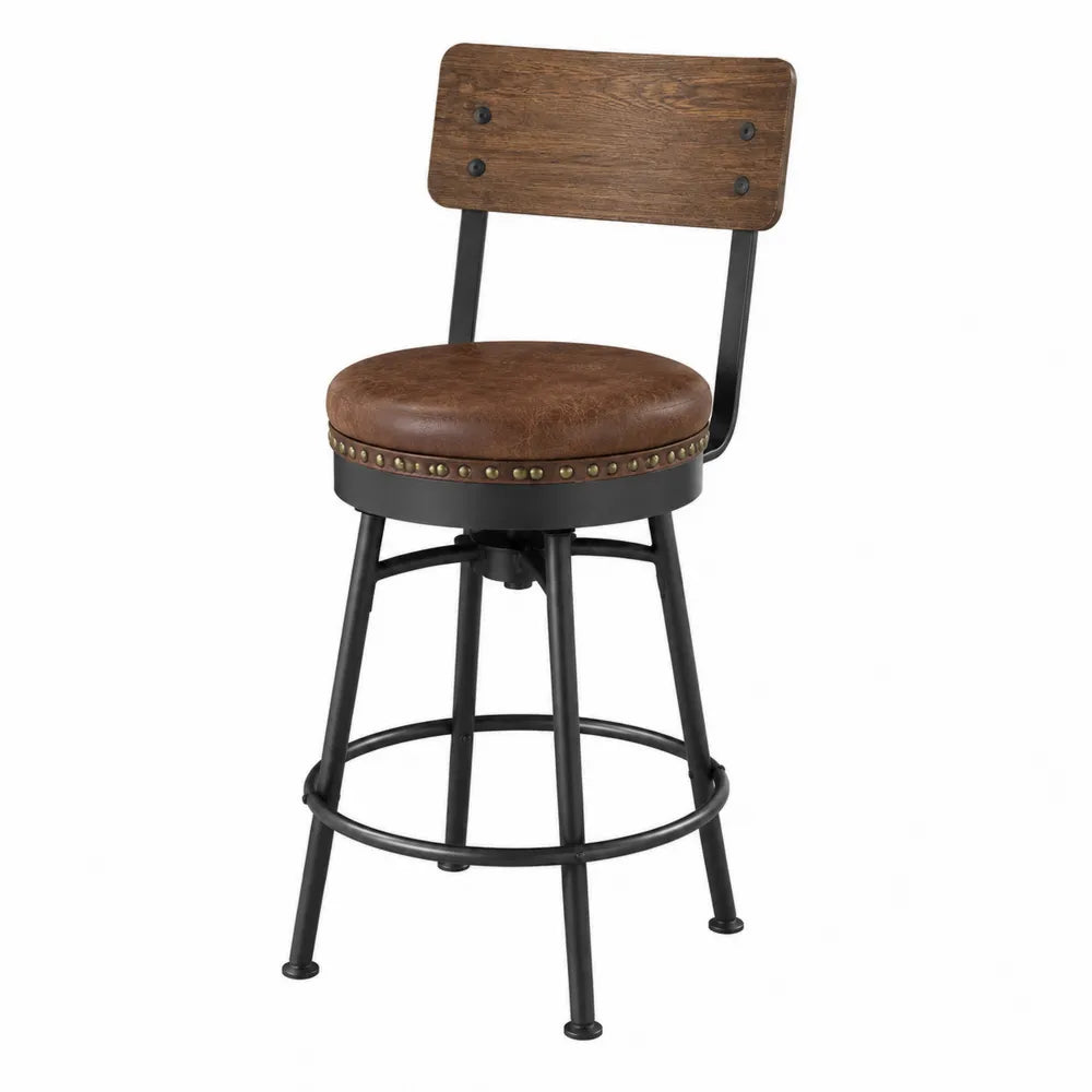 Tabouret de bar avec dossier 45 x 45 x 95 cm environ cuir synthétique marron bois et acier noir assise rembourrée