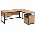 Bureau d'angle en L 150 x 120 x 75 cm en MDF décor chêne naturel avec structure en acier noir et rangements intégrés