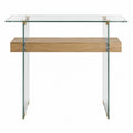 Console rectangulaire en verre trempé et MDF décor chêne naturel 120 x 35 x 80 cm avec détails métal doré