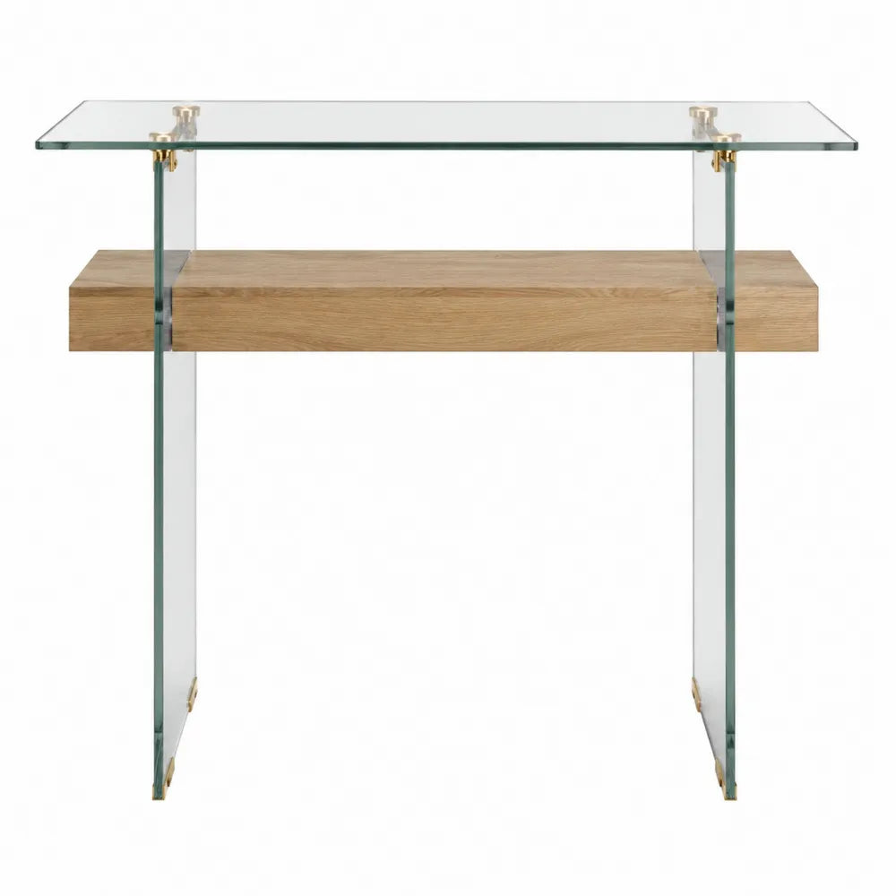 Console rectangulaire en verre trempé et MDF décor chêne naturel 120 x 35 x 80 cm avec détails métal doré