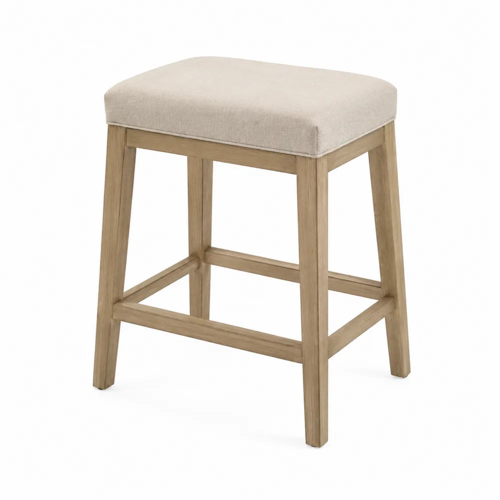 Tabouret de bar fixe 42 x 42 x 65 cm bois hévéa naturel assise rembourrée polyester beige sans dossier