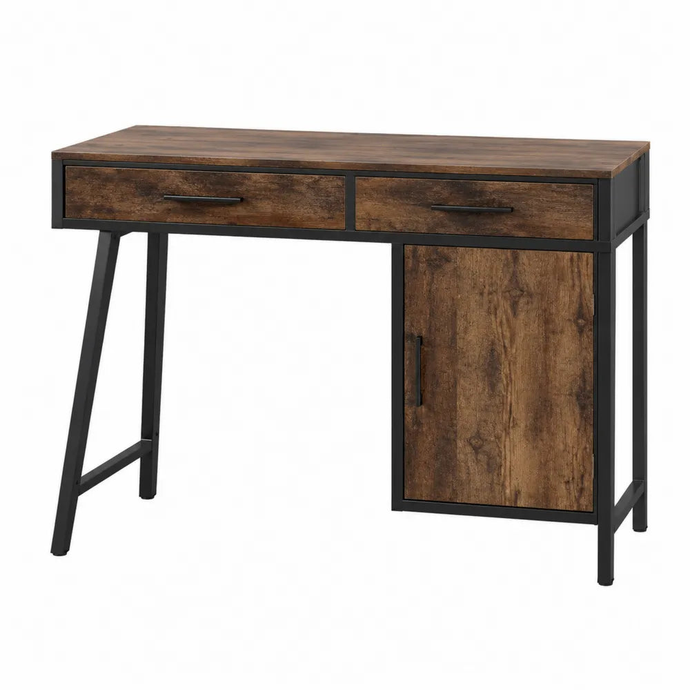 Bureau console rectangulaire 120 x 50 x 78 cm décor chêne naturel avec structure en acier noir et 2 tiroirs