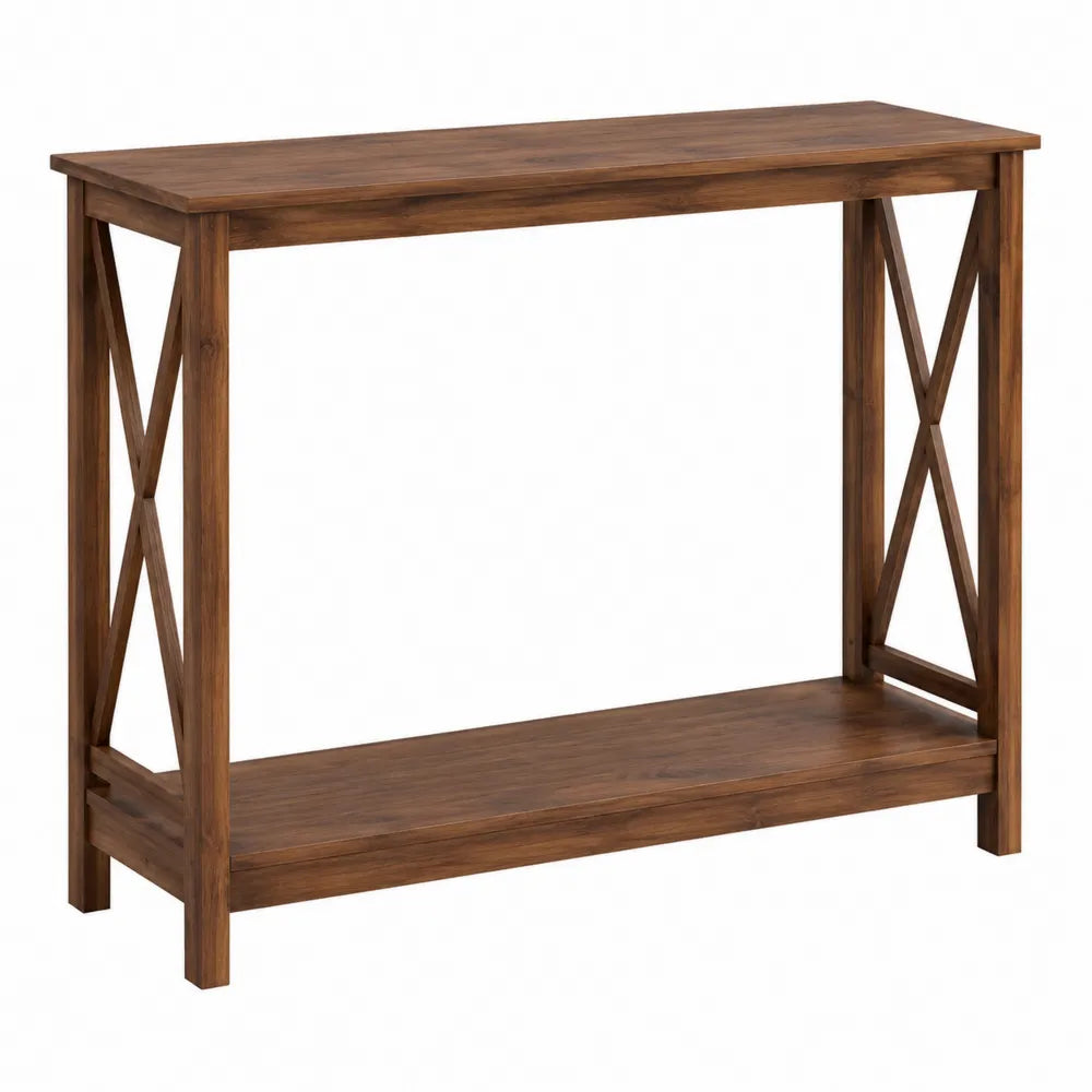 Console rectangulaire 120 x 35 x 80 cm en MDF décor noyer brun avec étagère basse et structure latérale en X