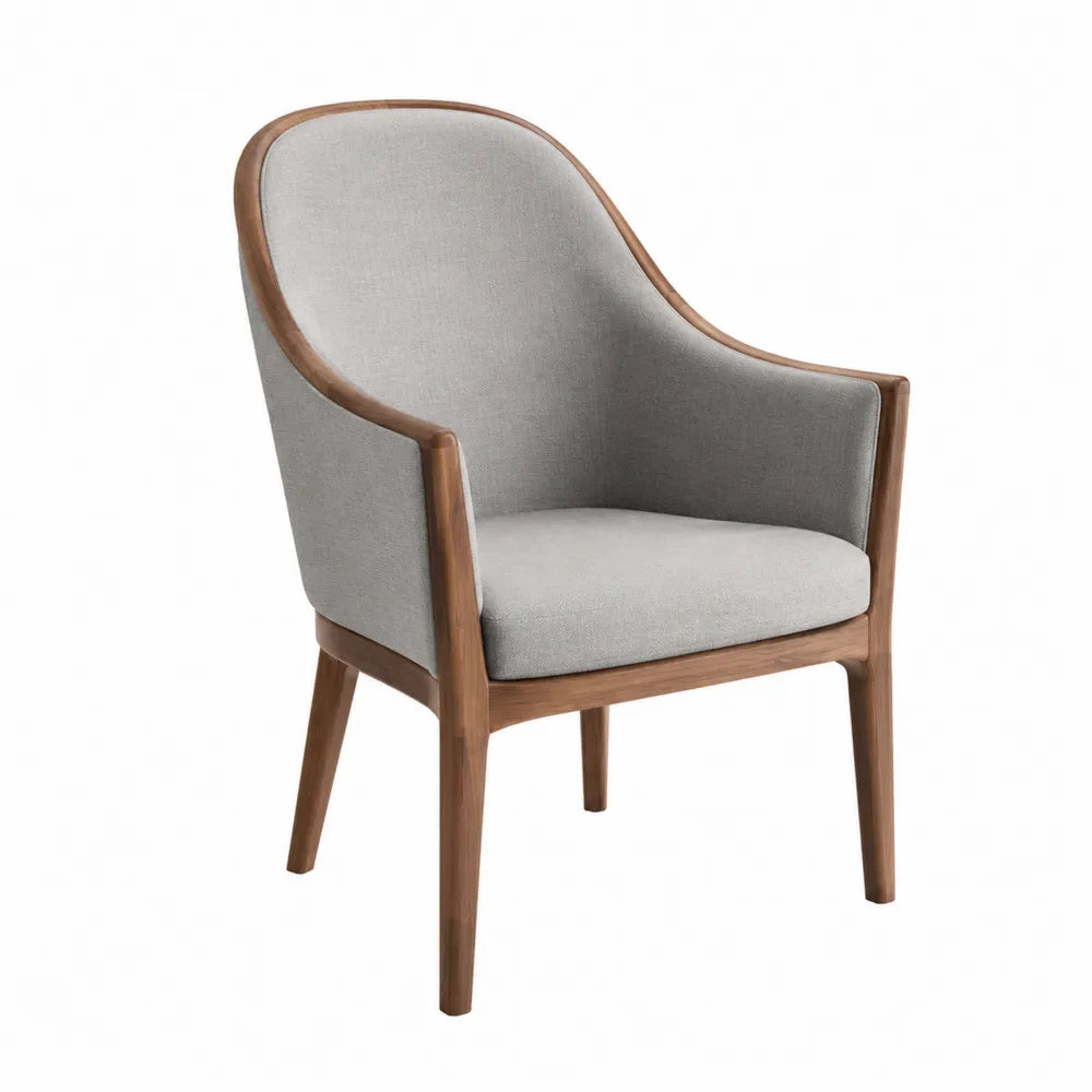 Fauteuil de salle à manger 58 x 60 x 84 cm bois d'hévéa finition noyer tissu polyester gris avec accoudoirs