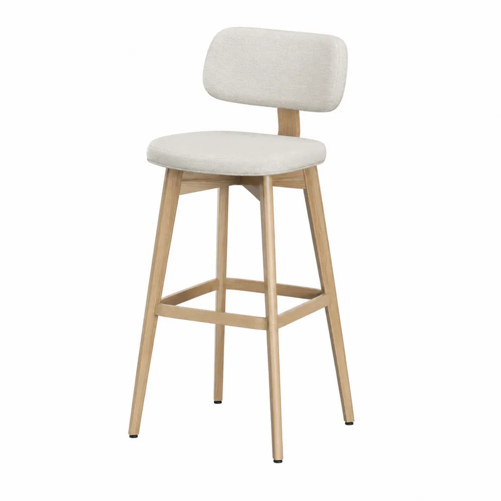 Tabouret de bar avec dossier 45 x 48 x 95 cm bois massif hévéa naturel tissu polyester beige assise rembourrée