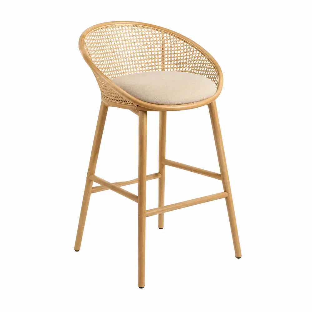 Tabouret de bar avec dossier cannage rotin naturel 56 x 56 x 96 cm bois massif polyester beige assise rembourrée