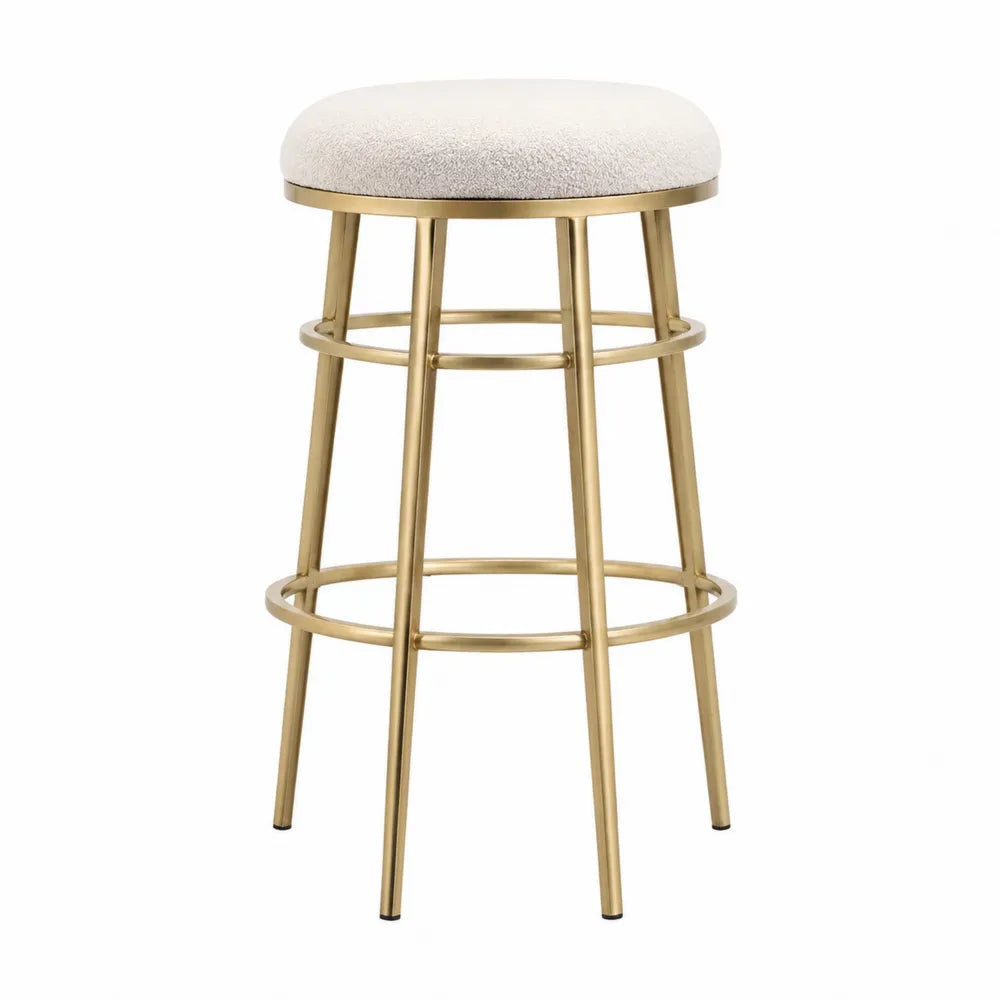 Tabouret de bar rond sans dossier 45 x 45 x 75 cm bouclé polyester écru et acier doré assise rembourrée