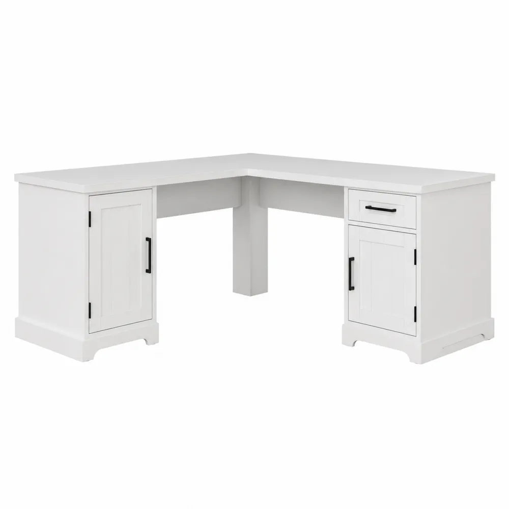 Bureau d’angle en L 160 x 140 x 76 cm MDF blanc avec 2 portes et 1 tiroir et passe-câble