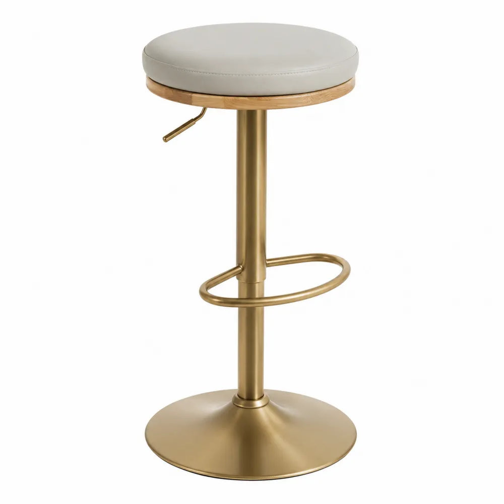 Tabouret de bar réglable pivotant 40 x 40 x 63-84 cm acier doré assise ronde polyester gris et anneau bois naturel