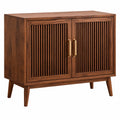 Buffet de rangement 2 portes bois MDF placage noyer brun cannelé 120 x 40 x 85 cm pieds inclinés finition dorée