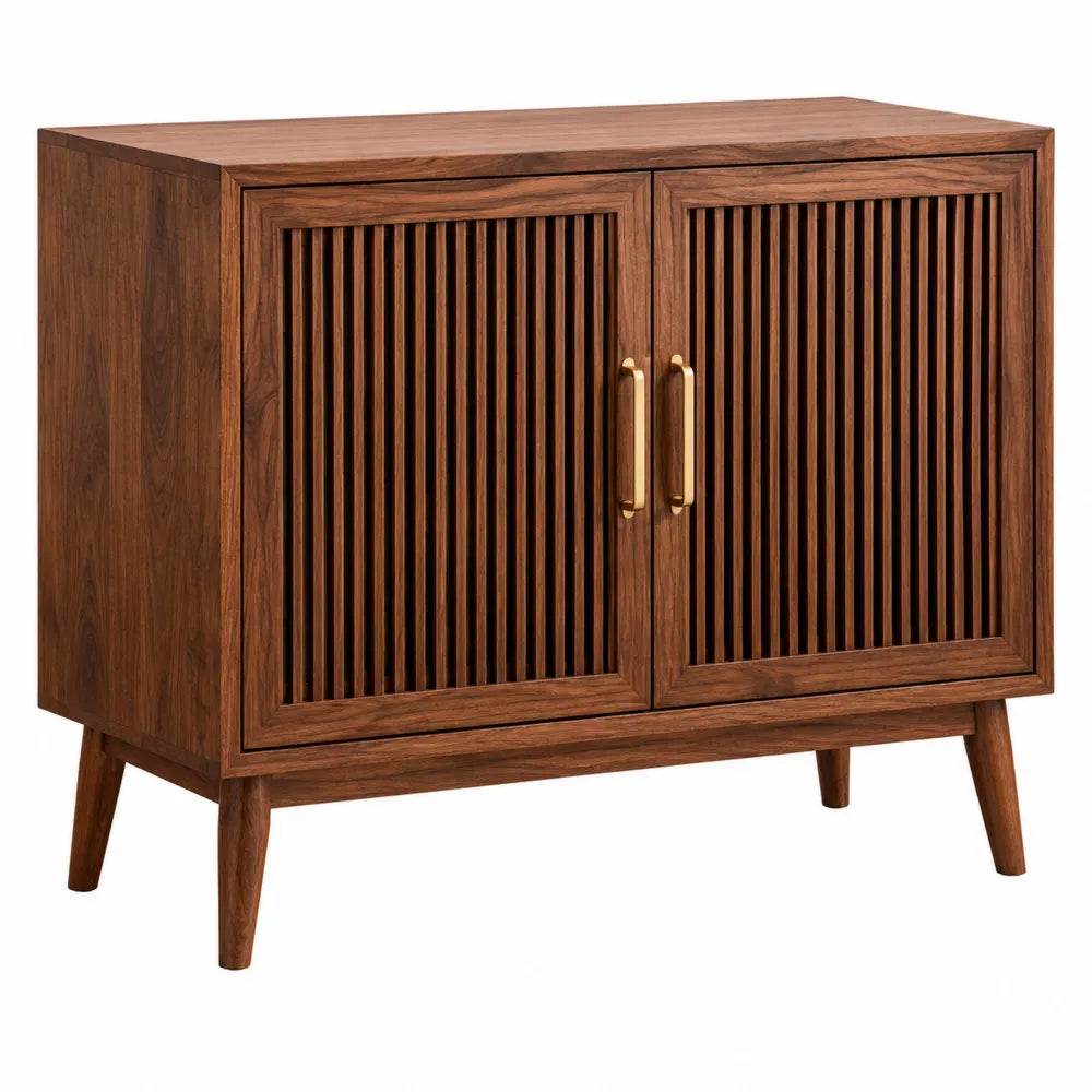 Buffet de rangement 2 portes bois MDF placage noyer brun cannelé 120 x 40 x 85 cm pieds inclinés finition dorée
