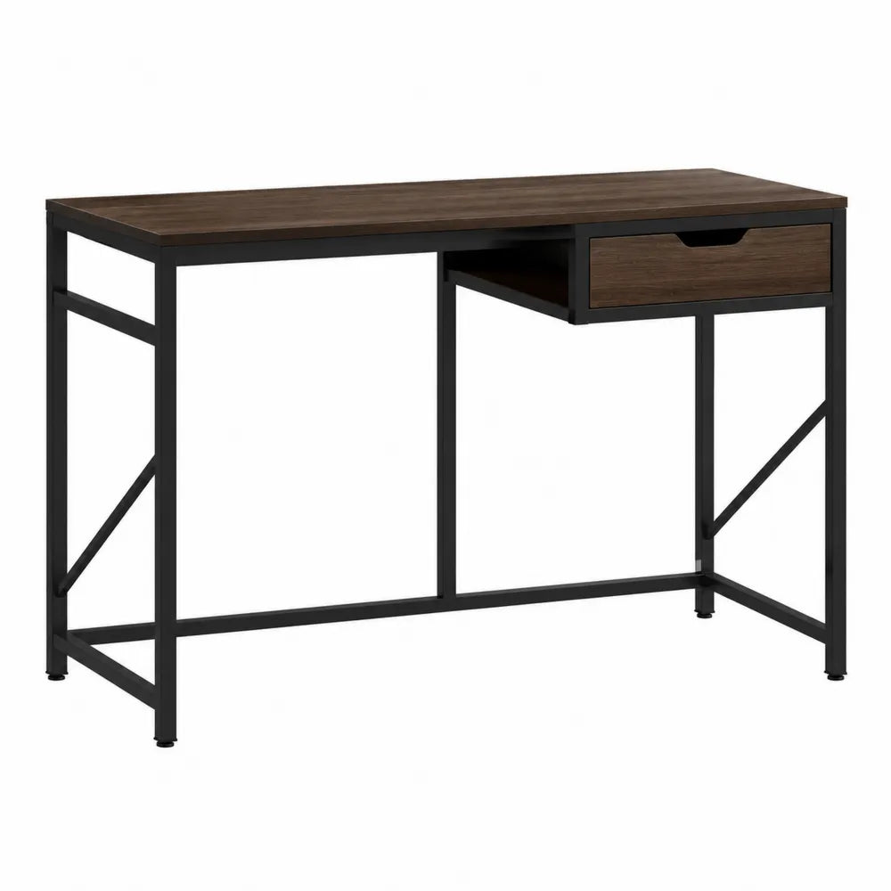 Bureau rectangulaire 120 cm x 60 cm x 75 cm panneau de particules mélaminé effet noyer foncé et acier peint par poudrage noir avec tiroir
