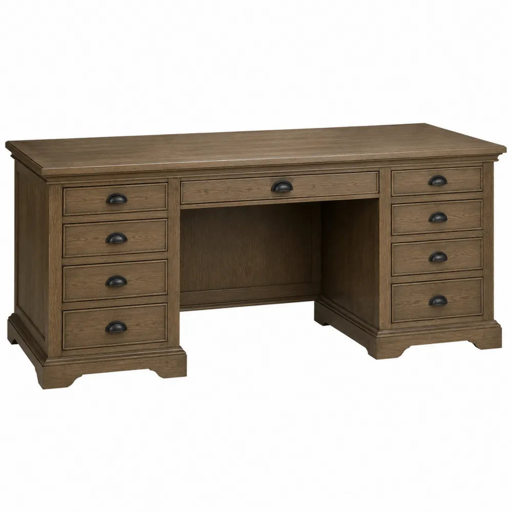 Bureau double caisson 160 cm x 75 cm x 76 cm MDF placage chêne marron acier peint noir 9 tiroirs poignées noires