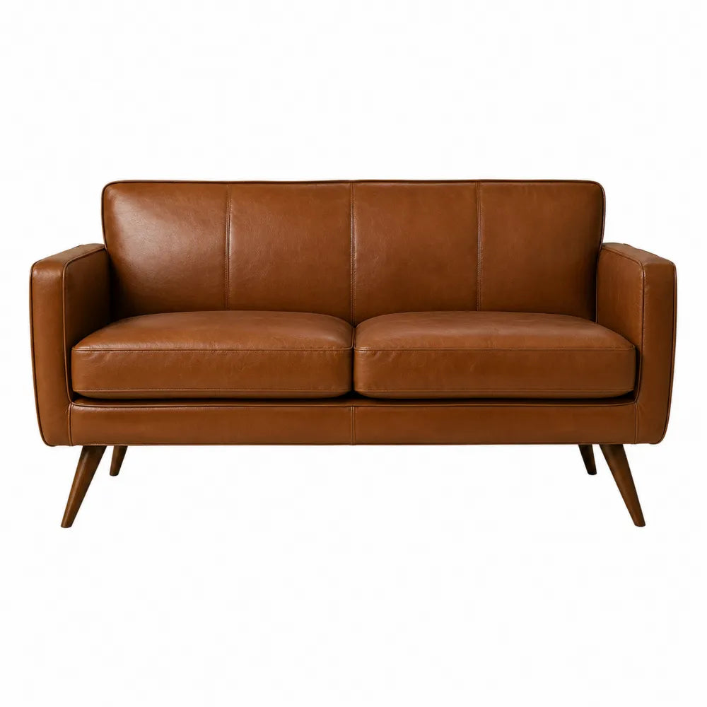 Canapé 2 places en revêtement simili cuir PU marron cognac avec pieds en bois 160 x 78 x 80 cm