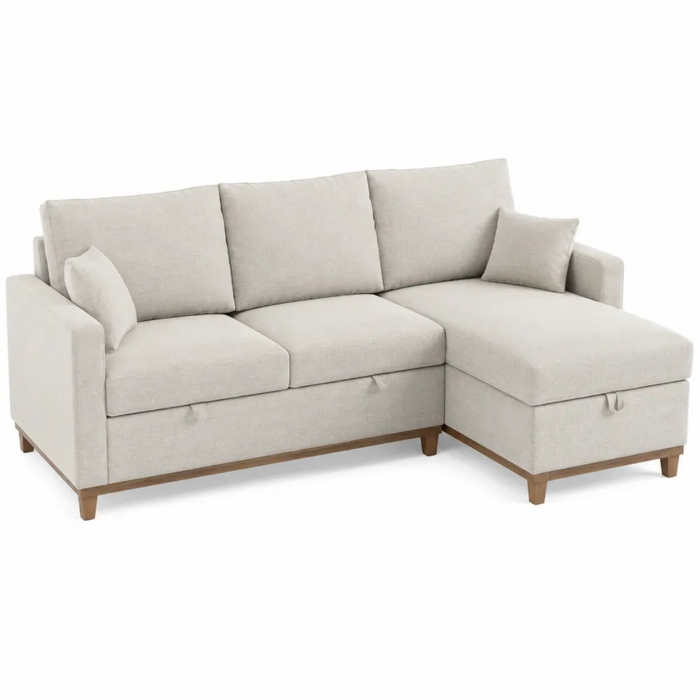 Canapé modulaire d’angle 4 places avec méridienne droite revêtement polyester beige clair dimensions non spécifiées