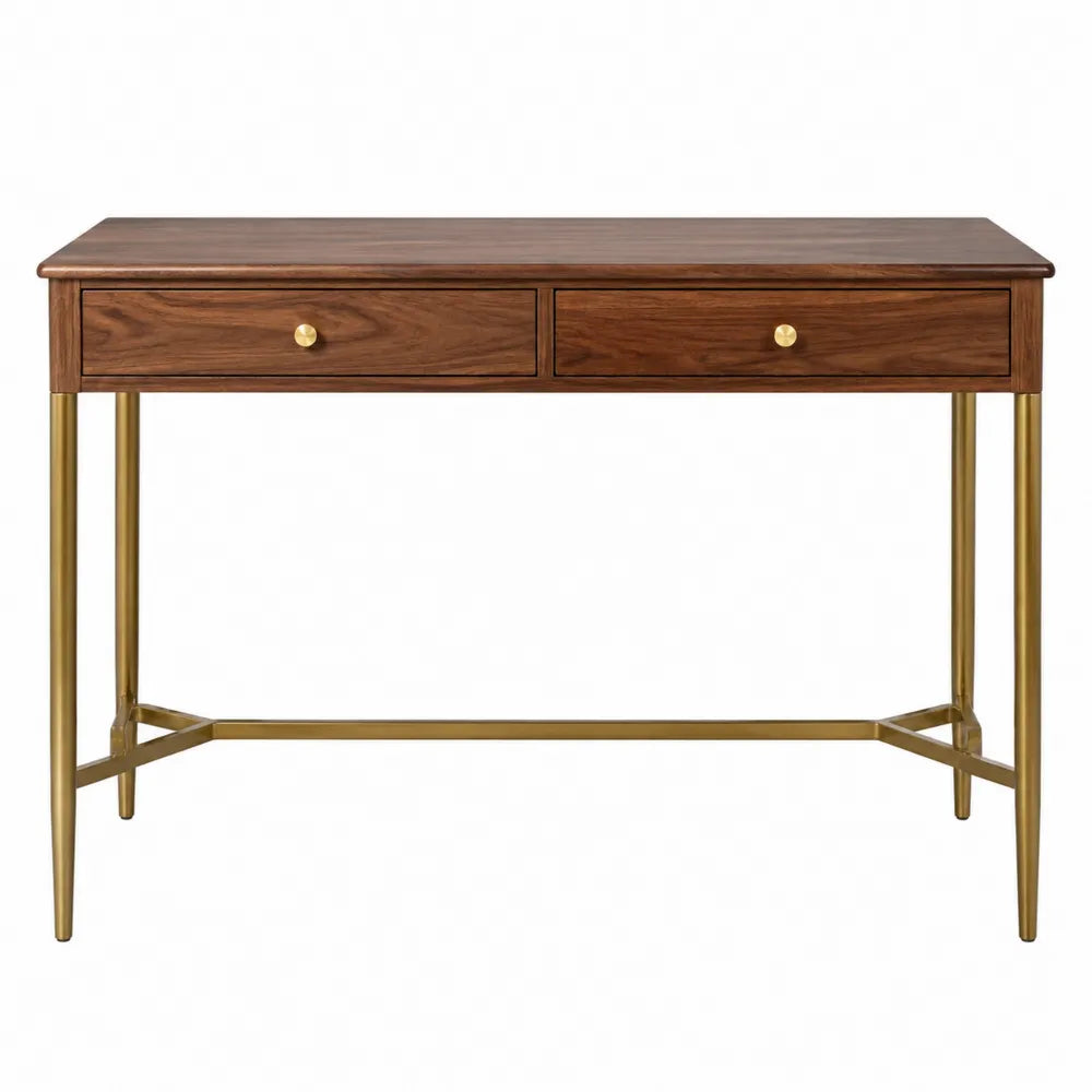 Bureau console rectangulaire 110 cm x 45 cm x 76 cm placage noyer MDF et acier finition laiton avec 2 tiroirs