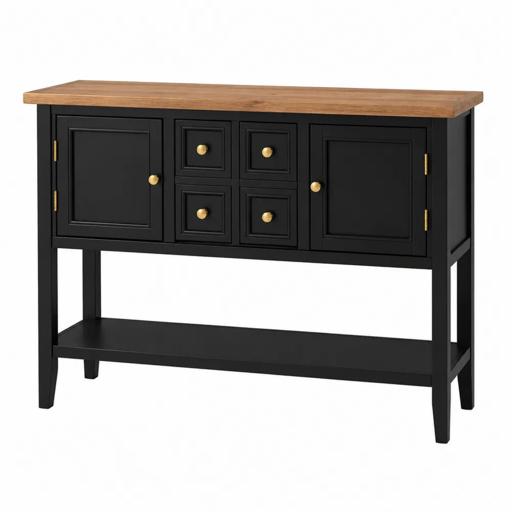 Console de rangement rectangulaire avec 2 portes 4 tiroirs et étagère basse bois naturel MDF noir détails dorés