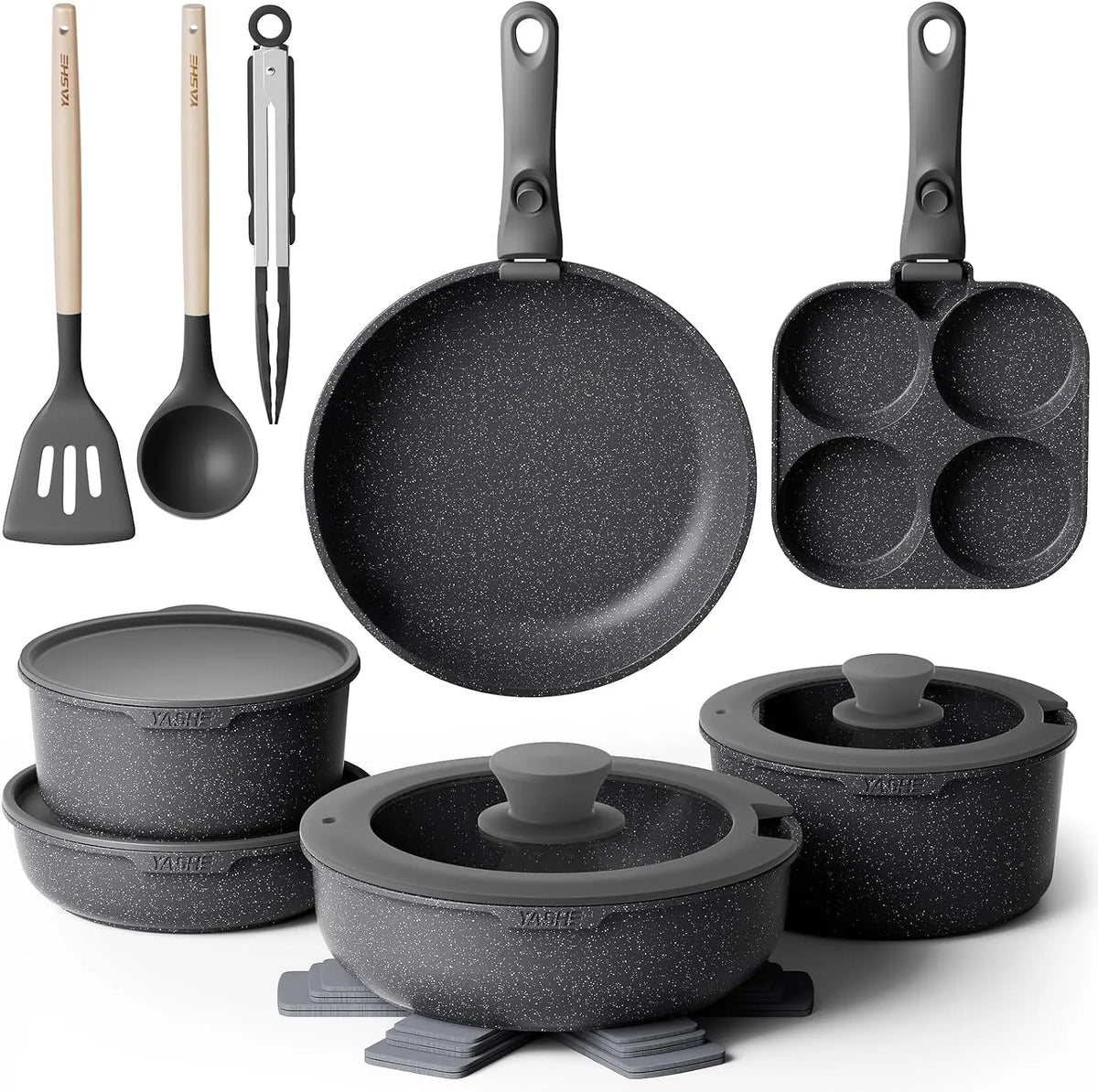 Batterie, batterie de casseroles et poêles, 20 Pièces, gris, Cuisine Induction Antiadhésive, YASHE