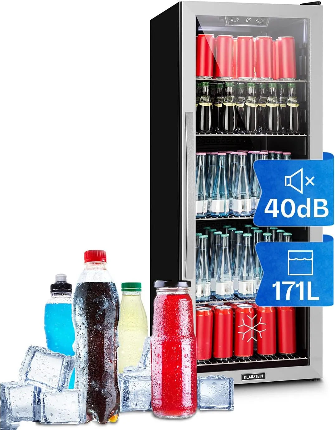 Klarstein Réfrigérateur, 171 L, éclairage LED, verre, silencieux, amovible, noir, Frigo avec Porte Vitrée, Argent-Noir, pour boissons et canettes