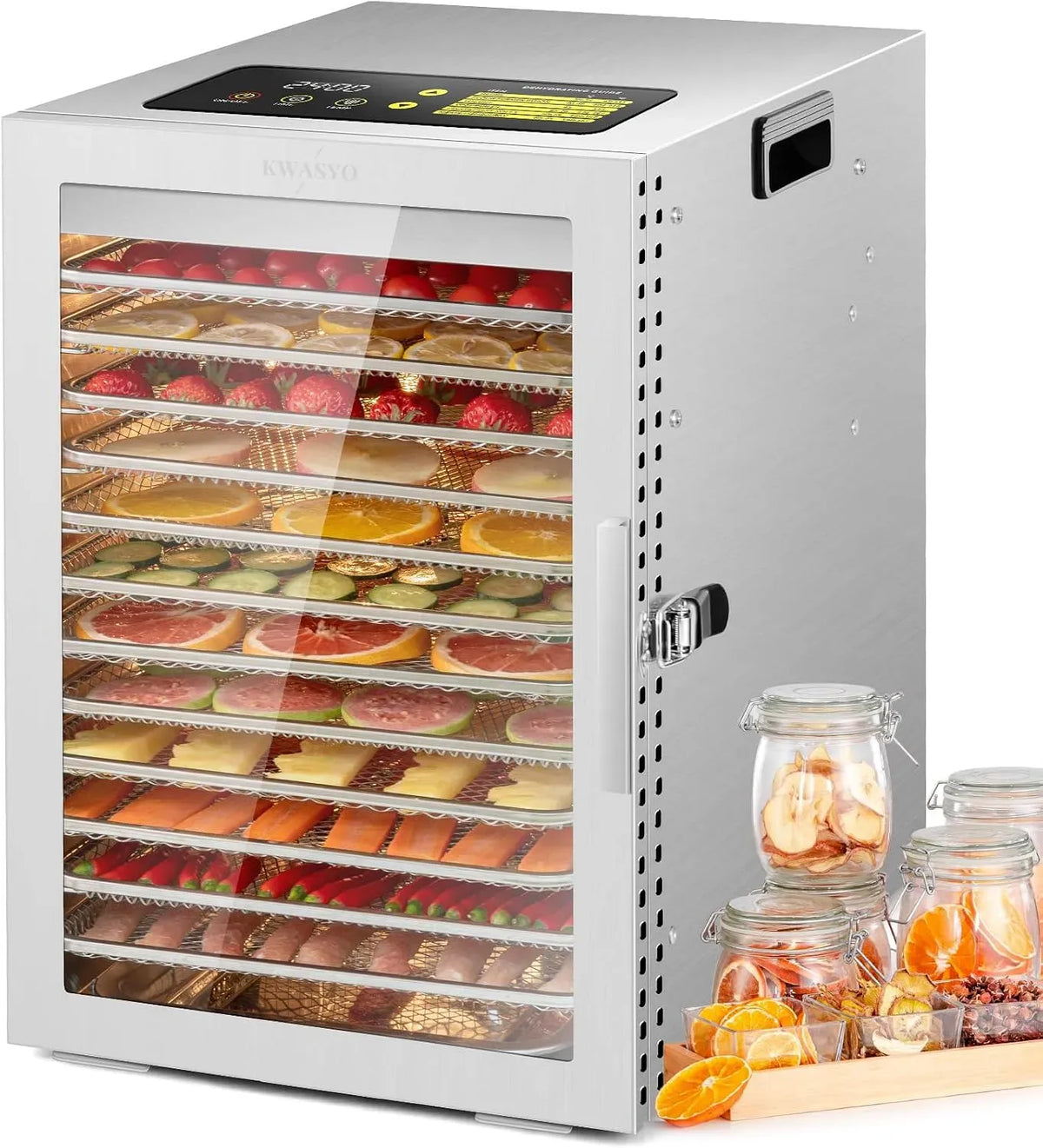 Ventilateur 24H, 30 à 90 °C, minuteur, 2 zones de température, acier inoxydable, Kwasyo Deshydrateur Alimentaire avec 12 Plateaux Inox
