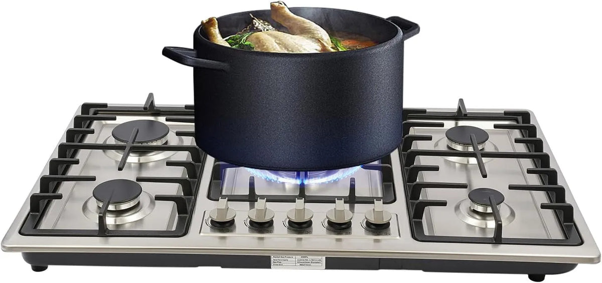 Plaque de cuisson à gaz, 86 cm, 10550 W, encastrable, acier inoxydable, table de cuisson à gaz, noir, avec protection de flamme automatique