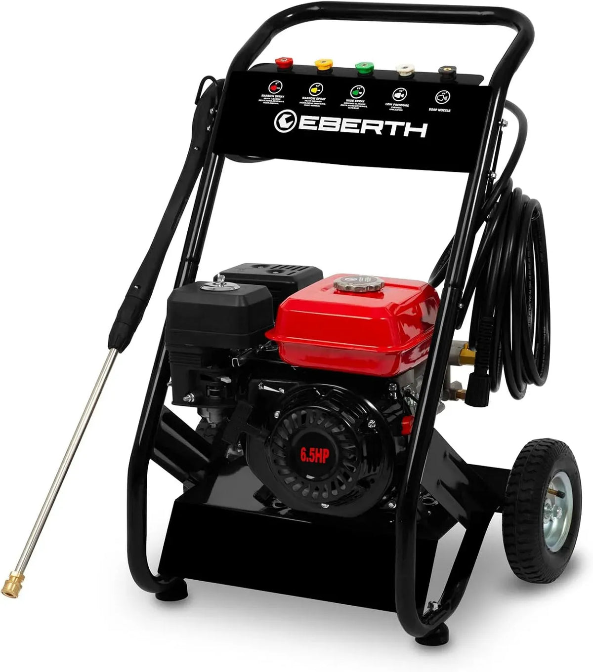 Nettoyeur haute pression, EBERTH, Moteur à Essence 4 Temps de 6,5 CV, 5 Buses et Un Tuyau pour Aspirer l'eau