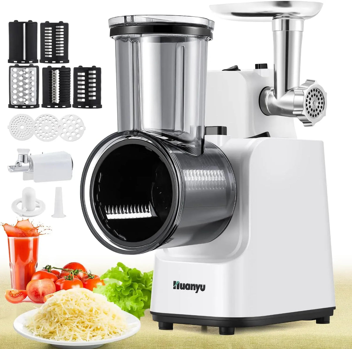 Huanyu Râpe à fromage électrique multifonctionnelle 5 lames 250W Râpe à légumes électrique et hachoir à viande Blanc