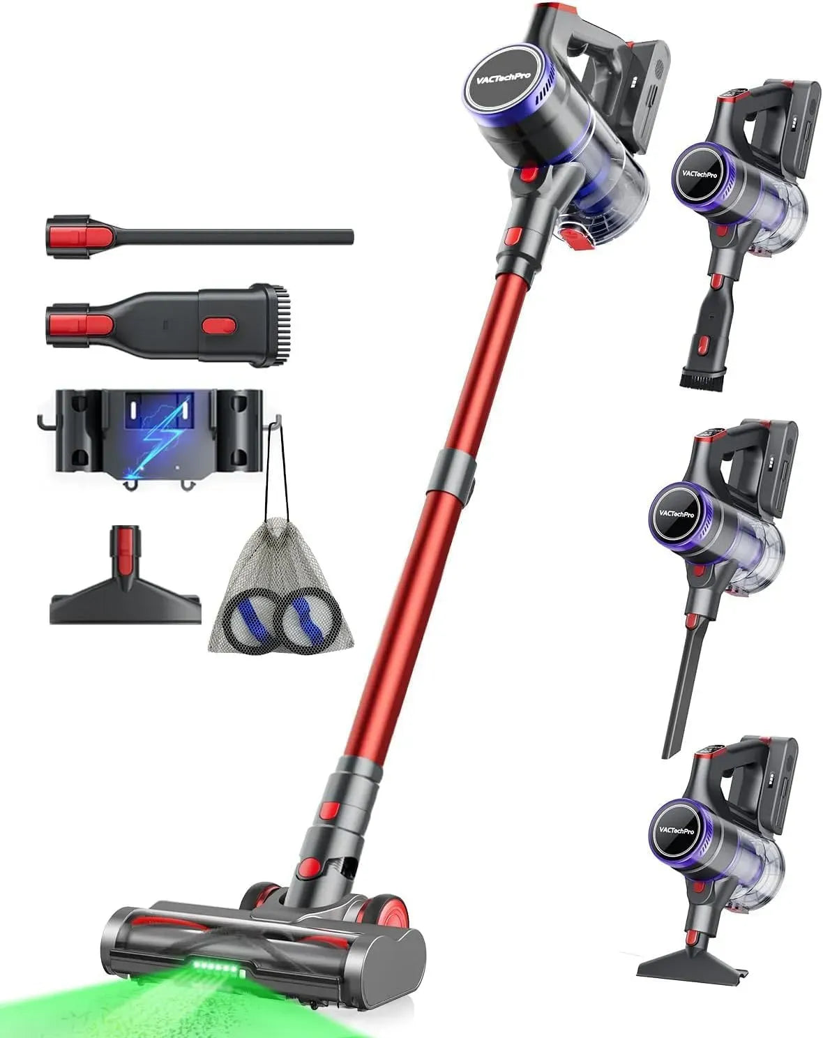 Aspirateur 55KPa/600W/70Min, 1.6 L, 600 W, grand réservoir, rouge, Filtration à 8 Couches
