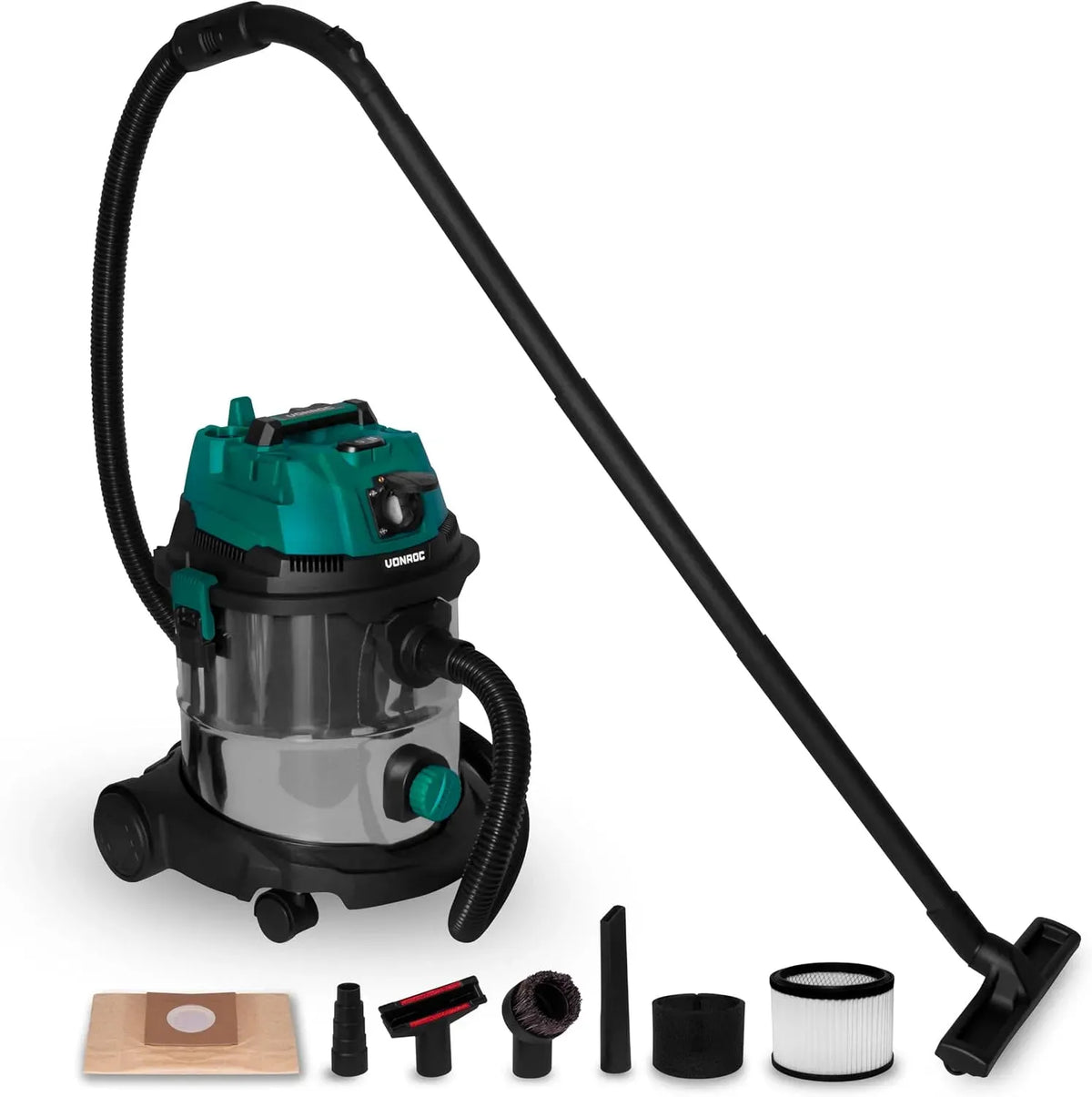 Aspirateur, 20 L, 1400 W, 2000 W, VONROC INOX 20L, acier inoxydable, Fonction Soufflage & Prise Auto-Start 2000W, Filtre HEPA & Éponge