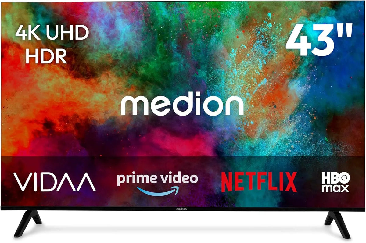 Smart TV MD843201, 43 pouces, téléviseur, HDR, Bluetooth, enregistrement PVR, MEDION 108 cm 43' Téléviseur Ultra HD Smart TV HDR10 Vida Store Prime