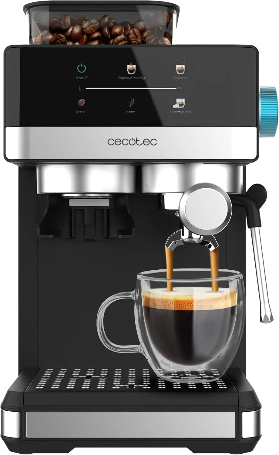 Cecotec Cafetière électrique, 1,7 L, 350 W, tactile, grand réservoir, vapeur, 20 bars, réservoir de café 150 g et 1,7 l eau, écran tactile, 2 tasses