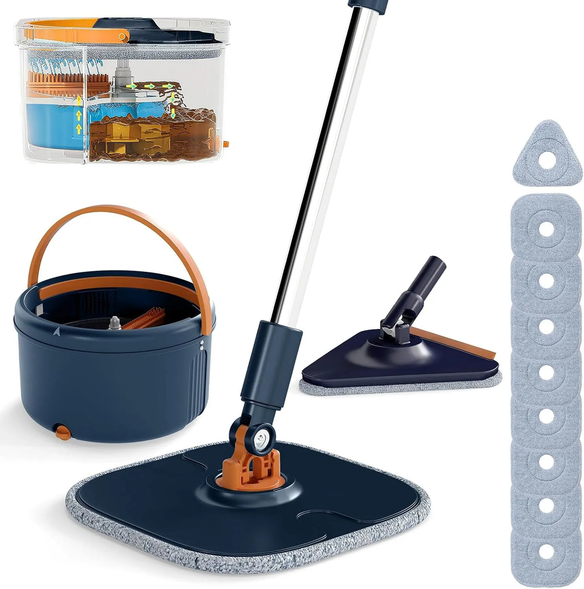 Lave-vaisselle, professionnel, bleu, 2 têtes + 9 Chiffons, séparation de l'eau pour différentes Surfaces, essoreur, Double Seau, Filtre, Longueur
