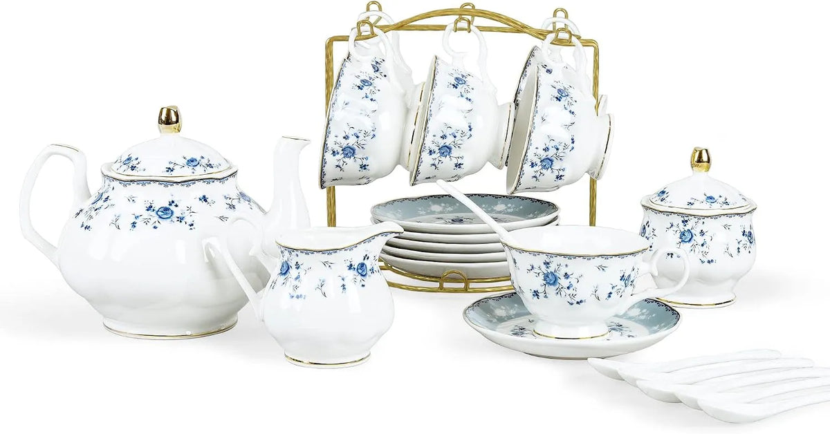 Bleu Floral Service à Café, fanquare 21 Pièces de Service à Thé en Porcelaine pour la Femme, Ensembles de Thé Vintage équipé de Tasses à Café et