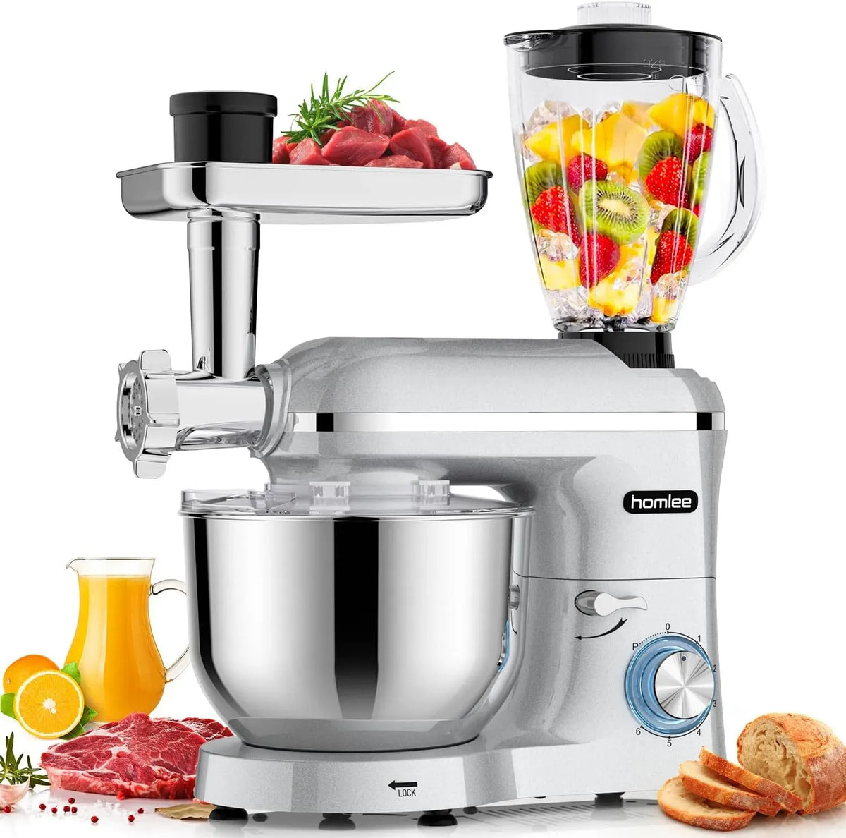 Blender, 1,5 L, 2000 W, Homlee 3 en 1 Robot Pâtissier, 2000W Robot Cuisine Multifonctions, Bol Mélangeur, 5.5 L