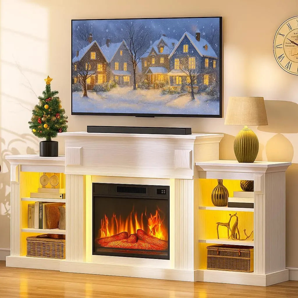 Meuble TV, 72 pouces, 2000 W, YITAHOME, minuteur, thermostat, effet 3D, blanc, Cheminee Decorative avec 2000W Chauffage, LED