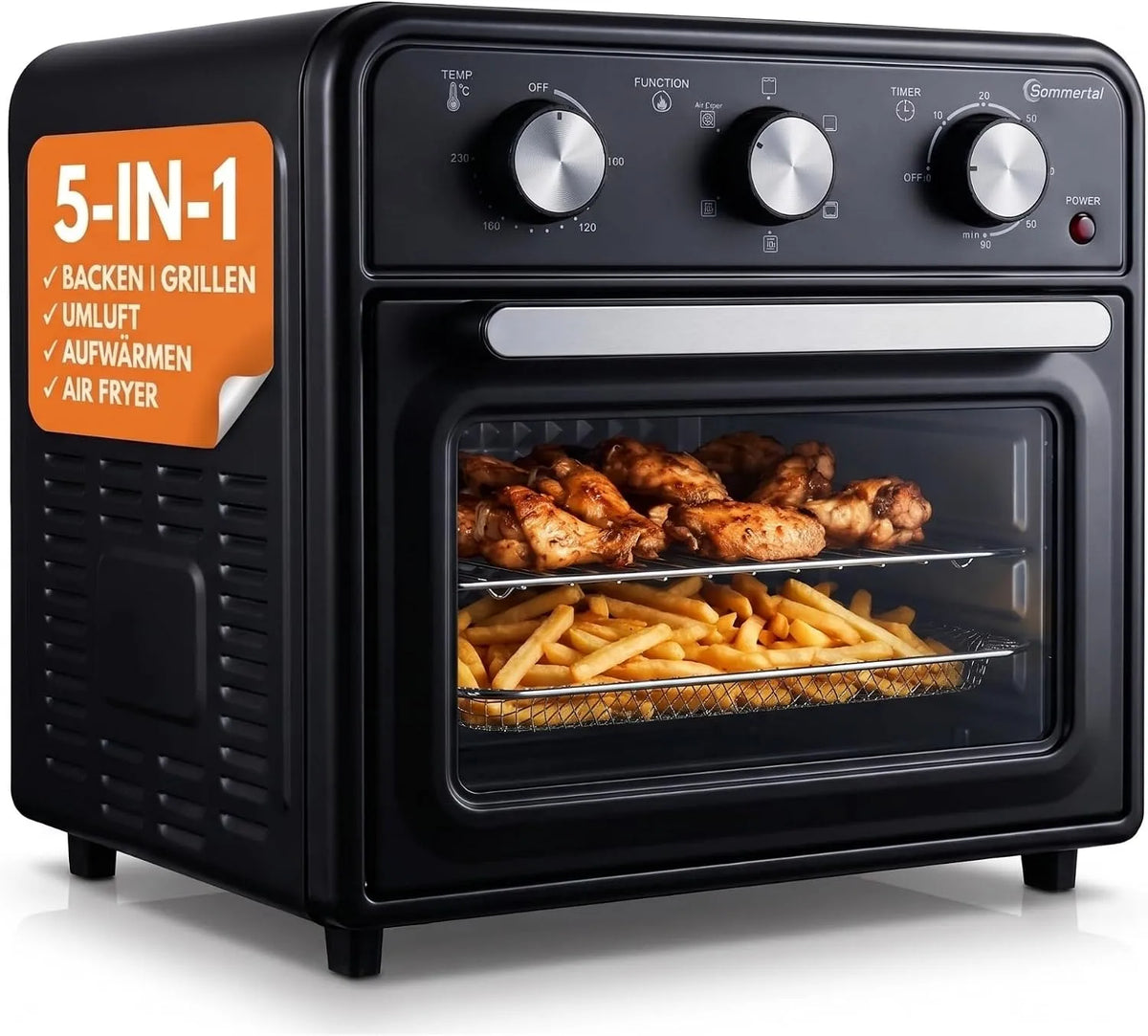 Four électrique à pizza, 20 L, 1800 W, 100 à 230 °C, minuteur, gril, compact, pour cuire, petit four de table avec fonction Airfryer