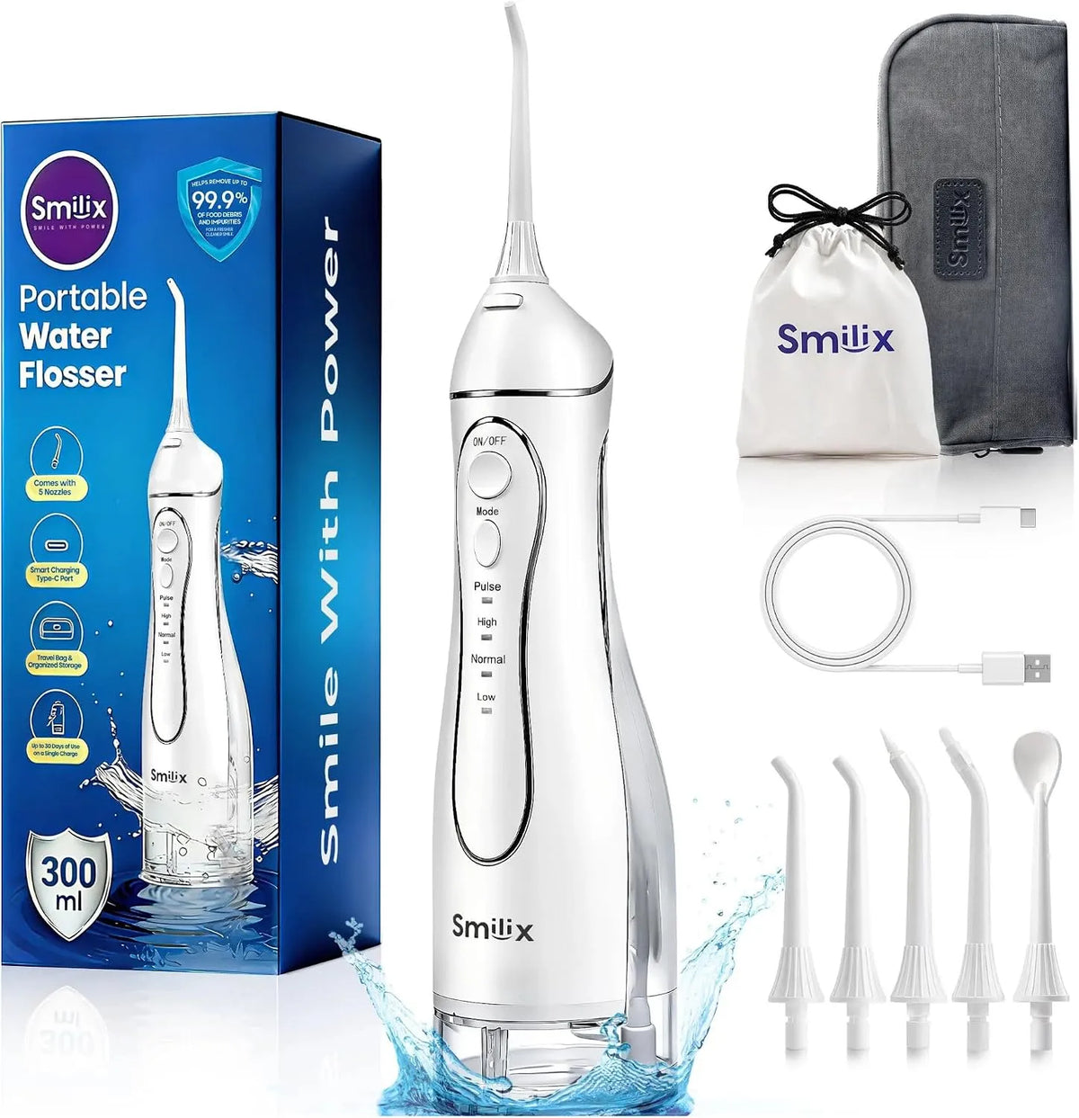 IPX7 étanchéité, Smilix Hydropulseur sans fil pour le nettoyage des dents, grand réservoir de 300 ml, 5 embouts + étui de voyage, Irrigateur buccal