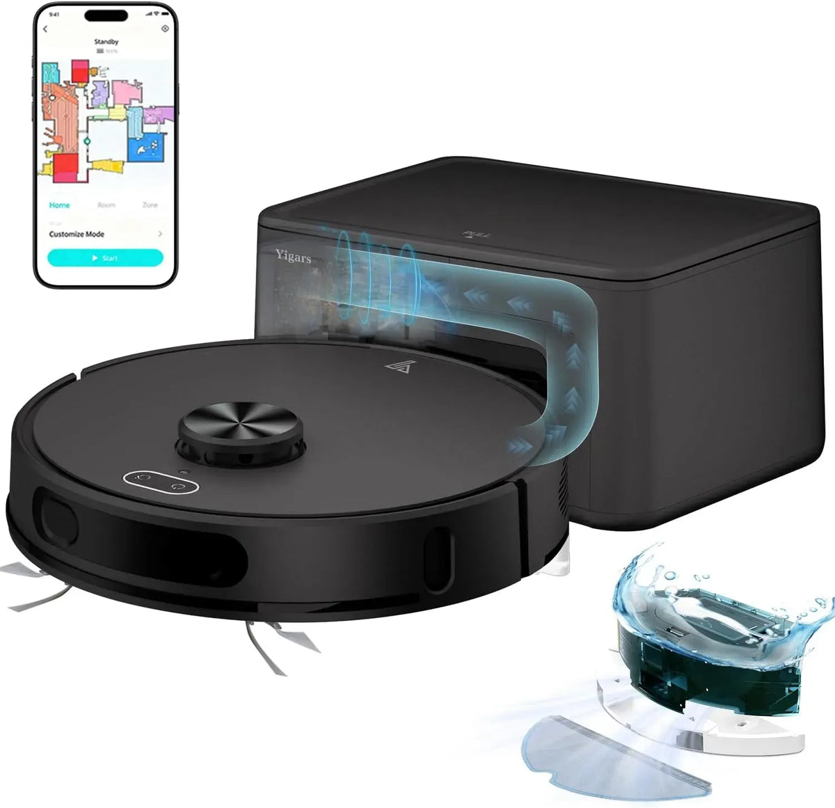 Robot aspirateur 220min, noir, Connecté par Alexa/APP pour Sols Durs, 70 Jours Vidage Automatique