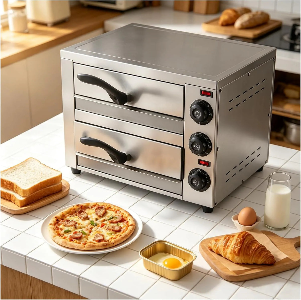 Four électrique à pizza, 16 pouces, professionnel, amovible, 2 zones de température, acier inoxydable, temps de cuisson 20-60 min, intérieur spacieux