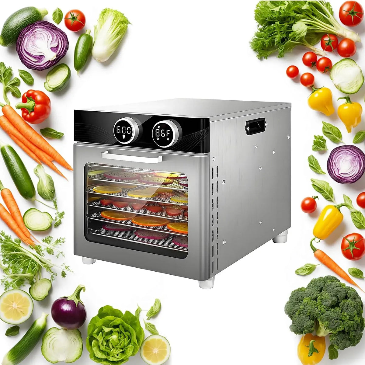 6-Floors pour Aliments Et Viande Séchée, Température Et Minuterie Numériques, Déshydrateur Alimentaire Professionnel 800 W, 6-12 Plateaux en Acier