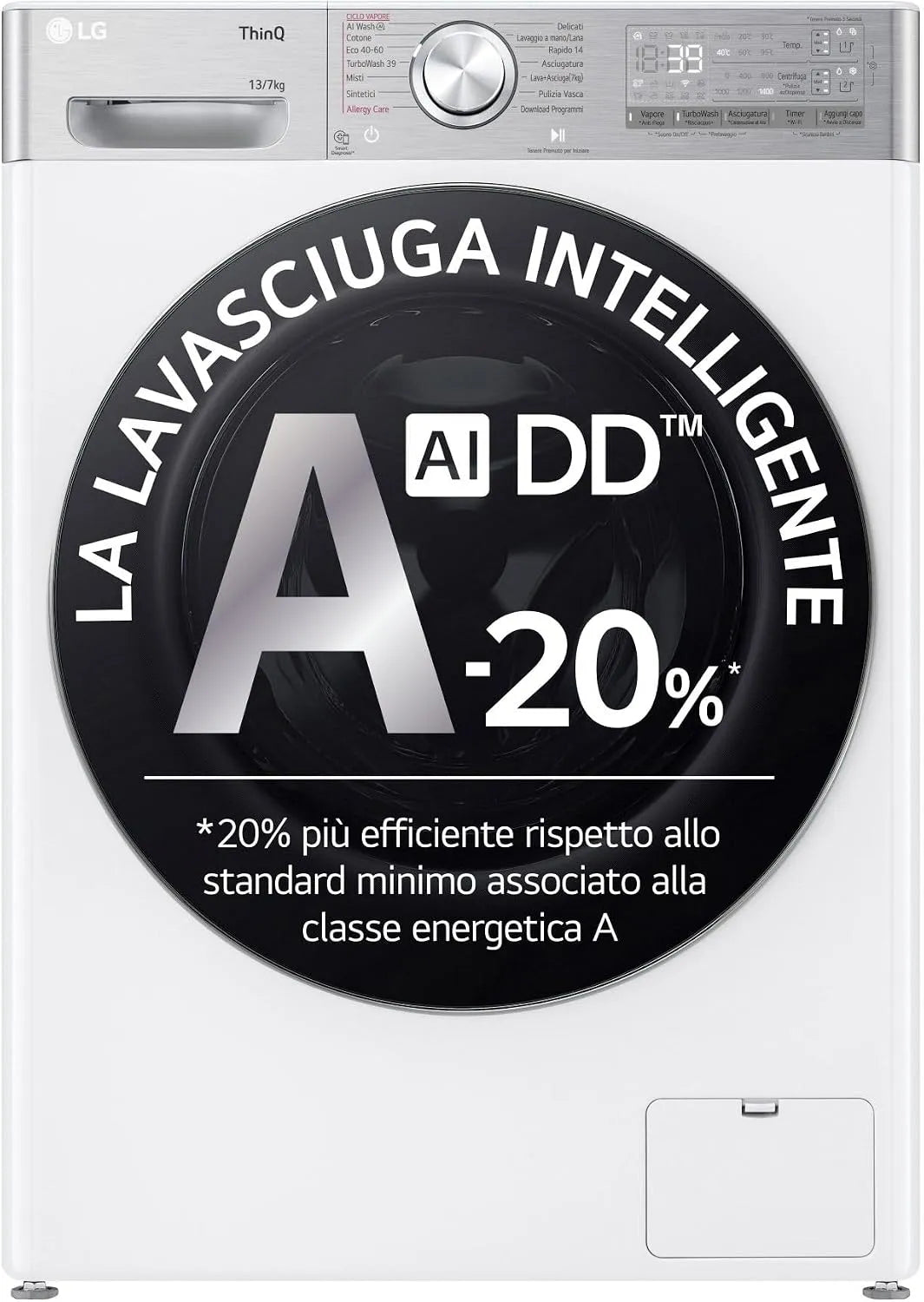 LG D4R9513TPWC Lave-linge, 7 kg, classe énergétique D, Wi-Fi, vapeur, blanc, AI DD Lave-sécheuse 13, 1400 tours, série R9, TurboWash 360, sèche-linge